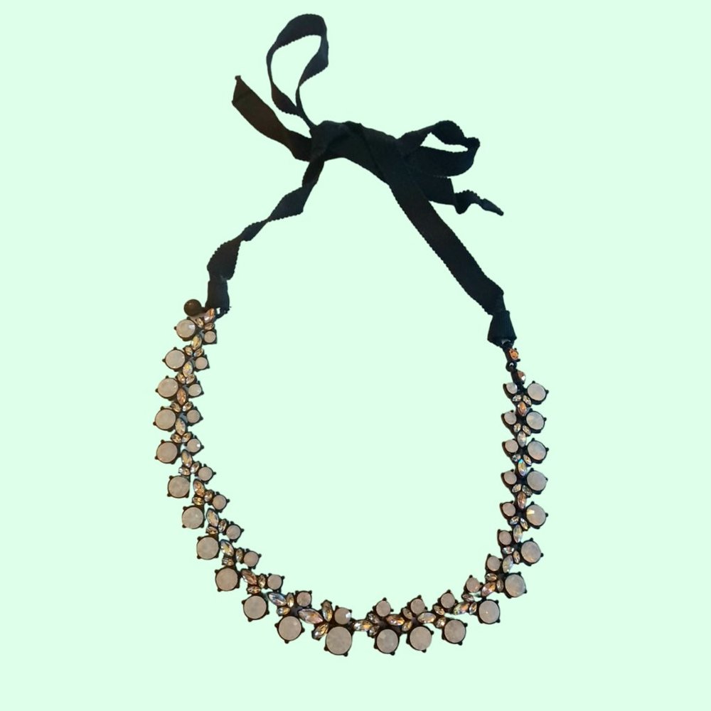 J.Crew Black Rhinestone Faux Opal Ribbon Tie OSFM Statement Necklace